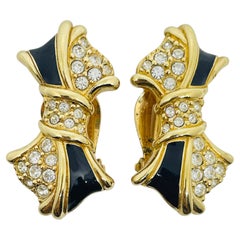 SWQAROVSKI swan vintage gold plated enamel crystals bow designer clip earrings