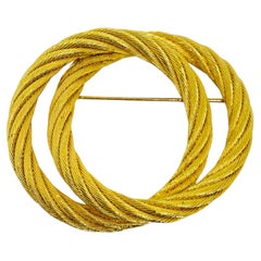 CHRISTIAN DIOR signed vintage gold plated double circle rope designer brooch
