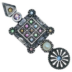 PATRICIA LOCKE signed vintage silver tone rhinestone geometric designer brooch