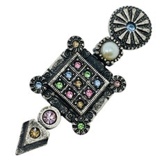 PATRICIA LOCKE signed vintage silver tone rhinestone geometric designer brooch