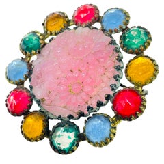 Vintage gold tone molded glass fruit salad colorful rhinestones flower brooch