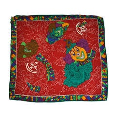 Extra large écharpe « Clowns » multicolore en crêpe de Chine de soie de Louis Feraud