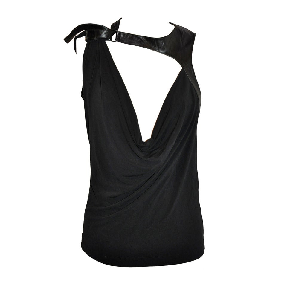 Faycalamor Black Silk Jersey Symmetrical Draped Evening Top with Leather For Sale