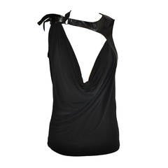 Vintage Faycalamor Black Silk Jersey Symmetrical Draped Evening Top with Leather