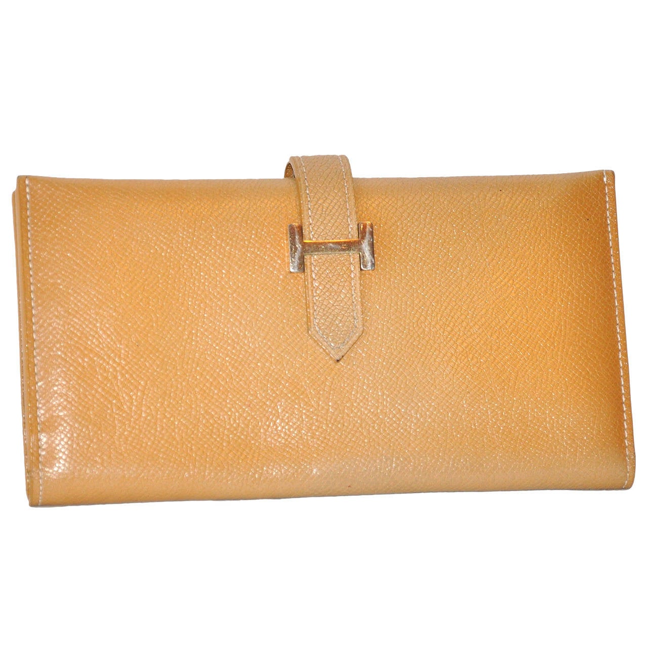 Hermes Textured Tan Billfold Wallet with Signature "H" Gold Hardware