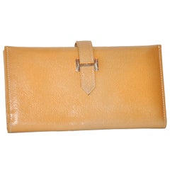 Hermes Textured Tan Billfold Wallet with Signature "H" Gold Hardware