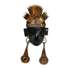 Große obsidianische schwarze Onyx-Gesichtsmaske mit goldener Hardware Brosche