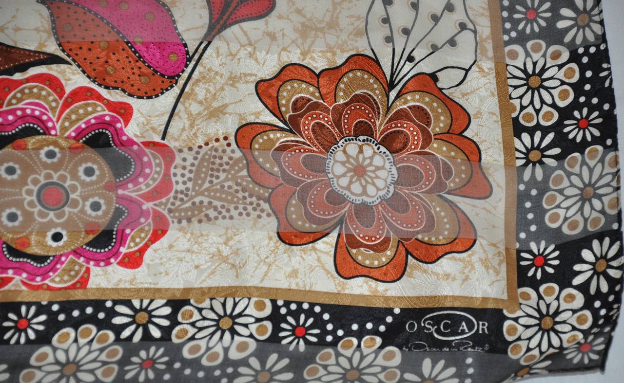 Oscar de la Renta combination of silk and silk chiffon multi-floral silk scarf measures 34