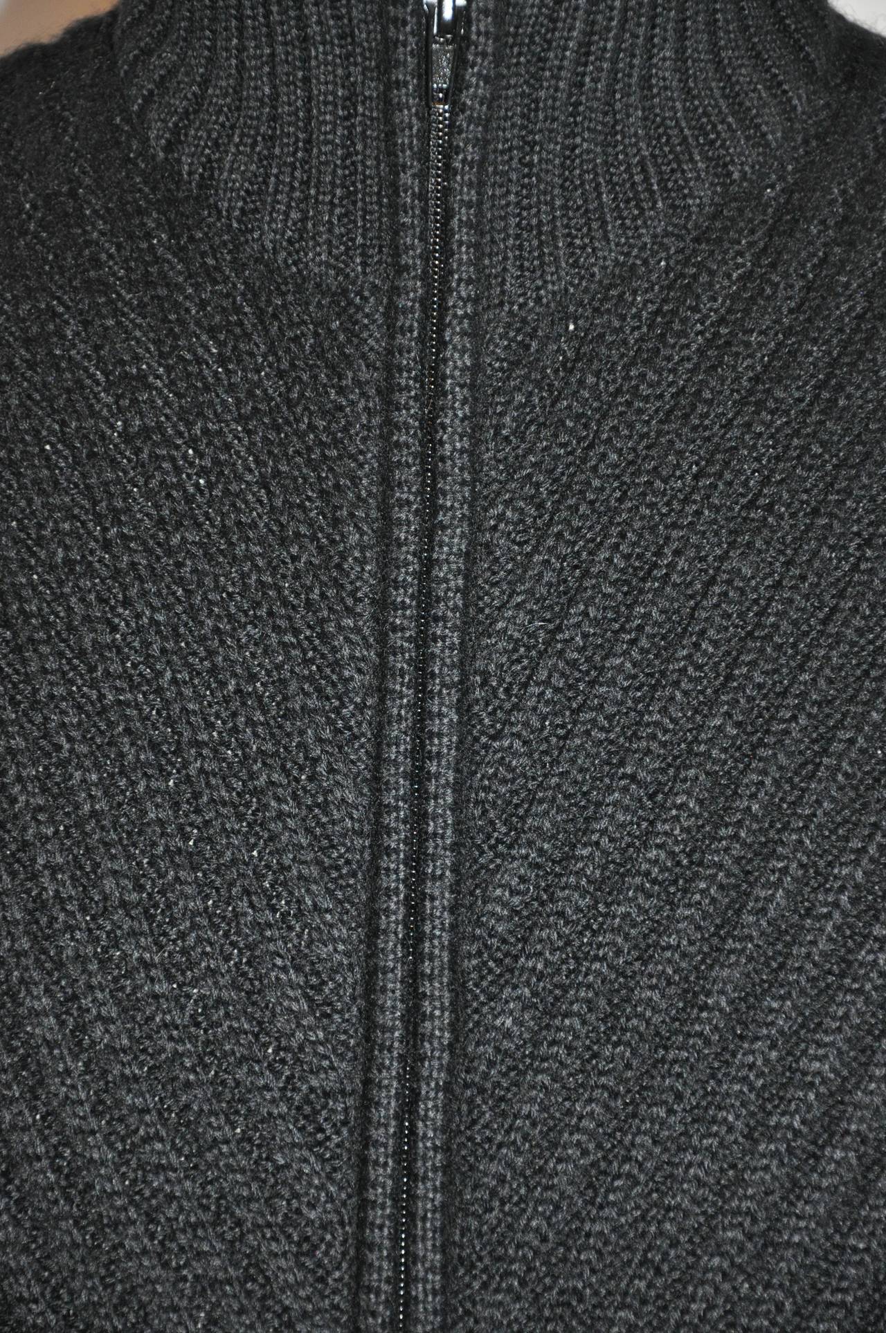 Donna Karan Men's Black Wool Ribbed Double-Zippered Front Sweater