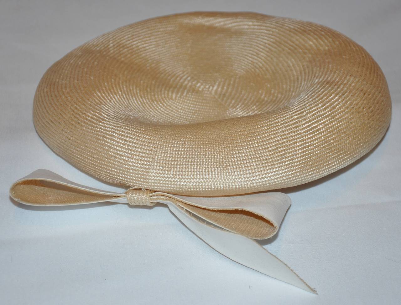 Adolfo Cream Straw Beret with Matching Large bow For Sale at 1stdibs