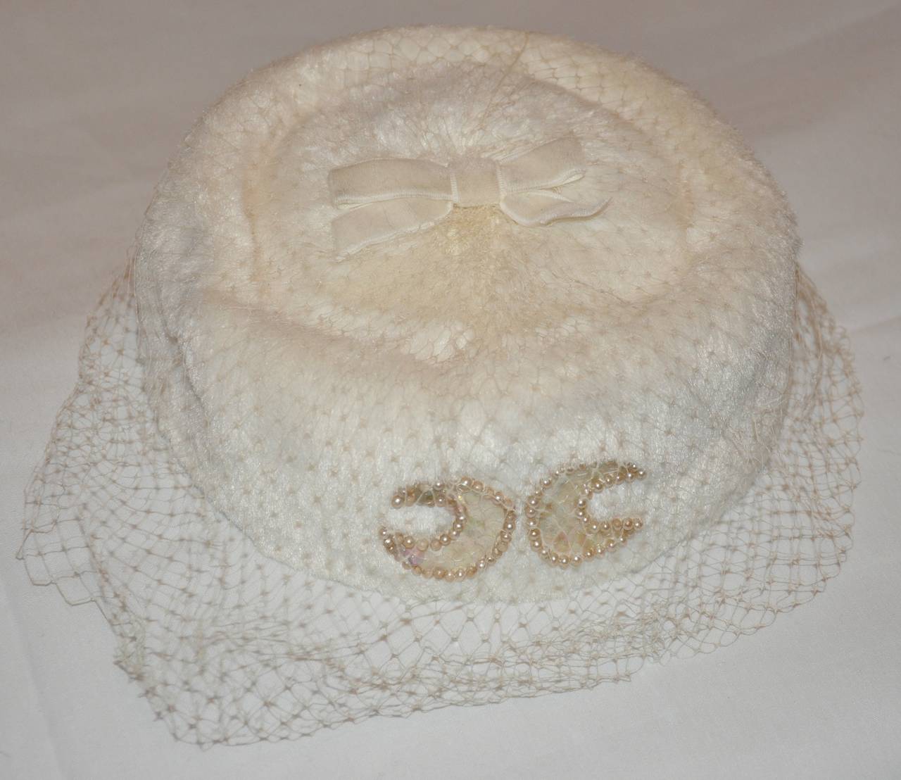 Cream Faux Brush Fur with Netting & Bow Pill Box Hat