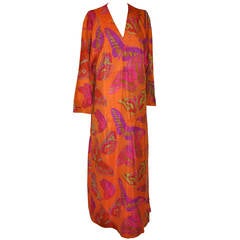 Bold Tangerine with Multi-Colors "Butterflies" Silk Maxi V-Neck Dress