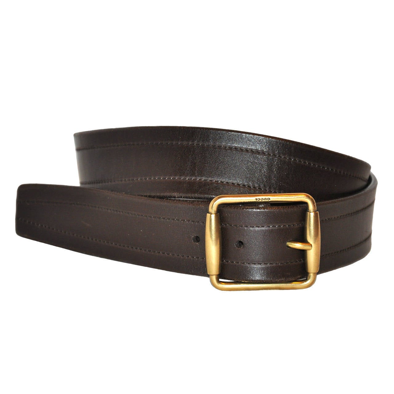 Gucci Dark Brown "Top-Stitching" Detailed with Engraved Brass Buckle Belt For Sale