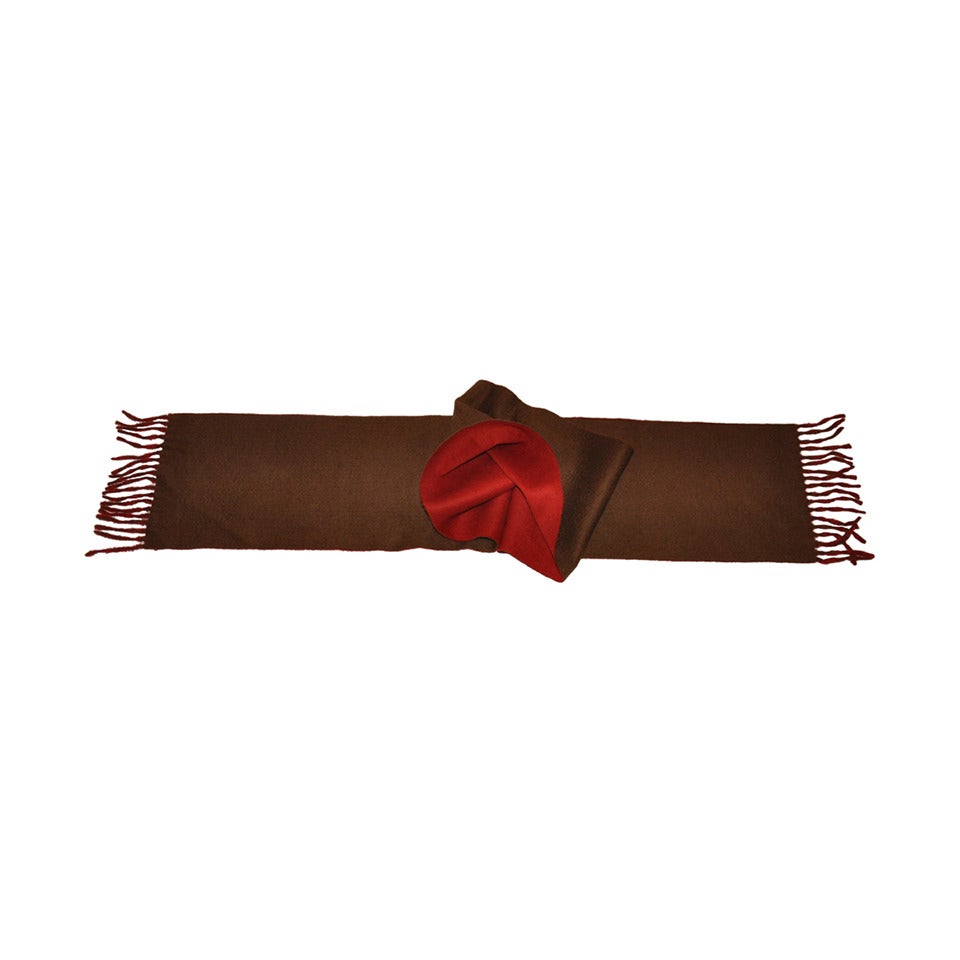 Thick 2-Ply Red & Coco Brown Cashmere with Fringe Scarf For Sale