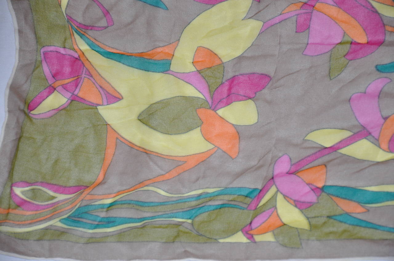 Beige Bold Multi-Color Floral Silk Chiffon with Hand-Rolled Scarf