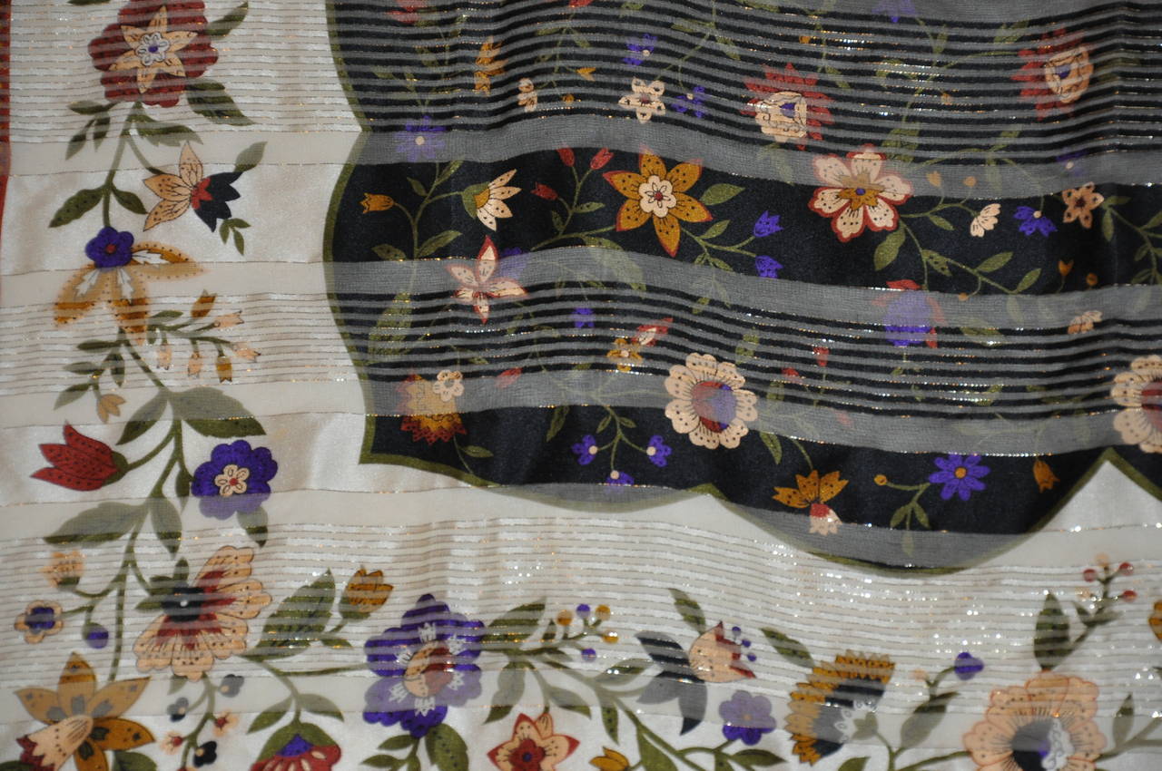 Oscar de la Renta multi-color floral print scarf of silk, silk chiffon & gold lame threads throughout measures 30