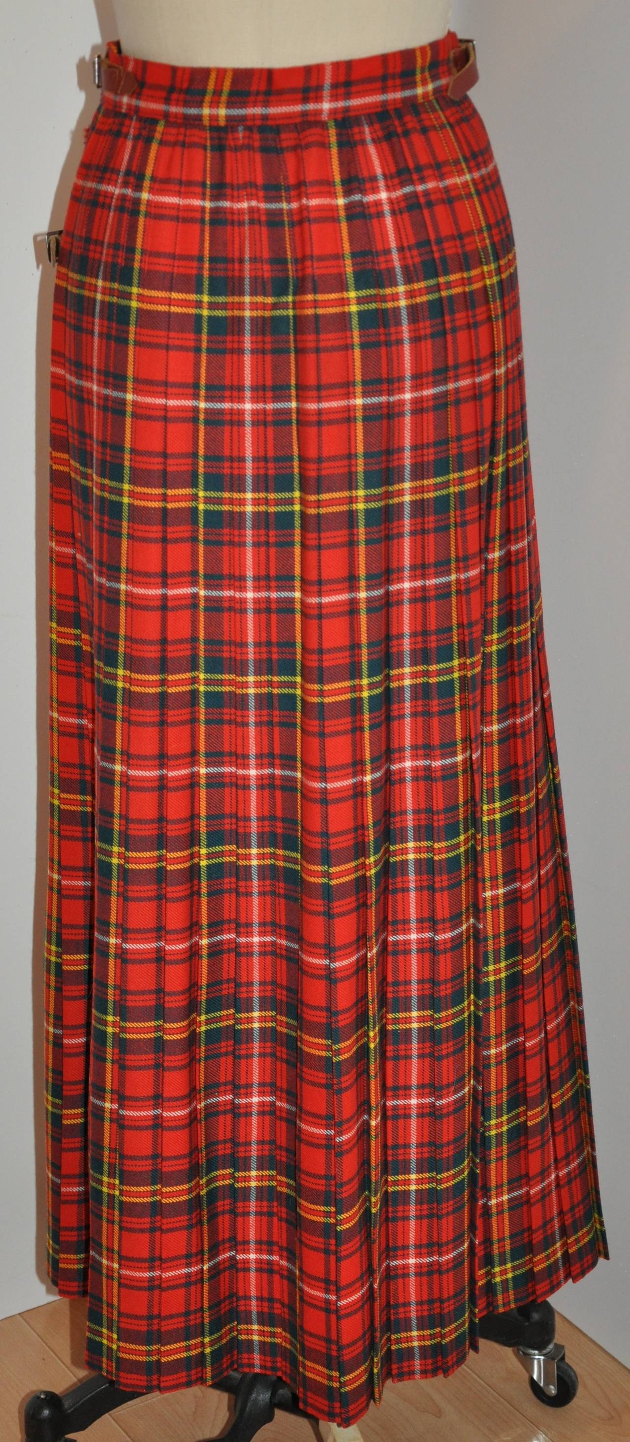 L.S. Ayres & Co bold red plaid maxi wrap skirt, made in London, measures 39 1/2