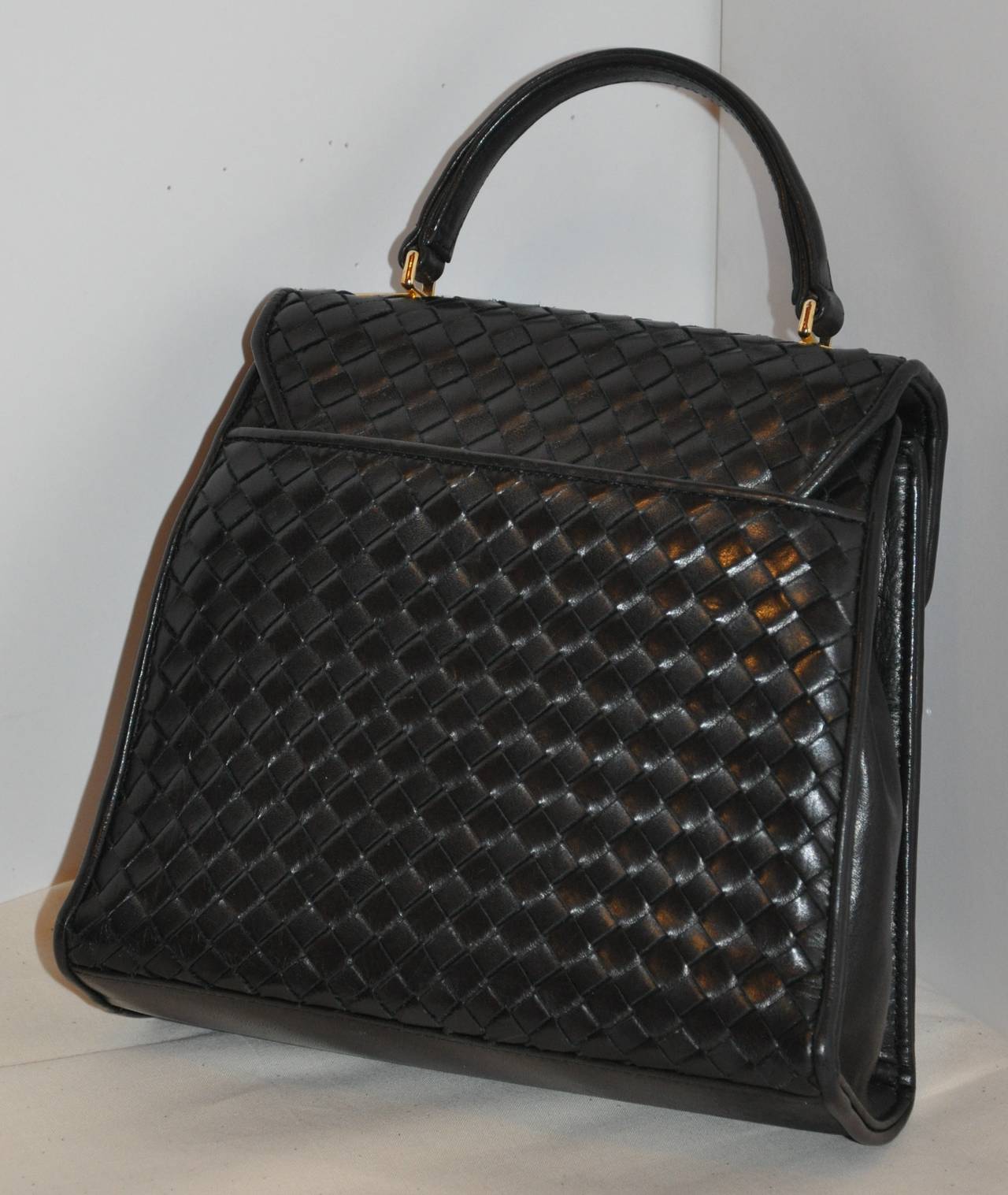 Saks Fifth Avenue Black Lambskin Woven Leather Handbag For Sale at 1stdibs