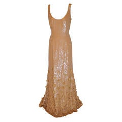 Vintage Carolina Herrera Beige Micro Sequin with Silk Chiffon Form-Fitting Cocktail Gown