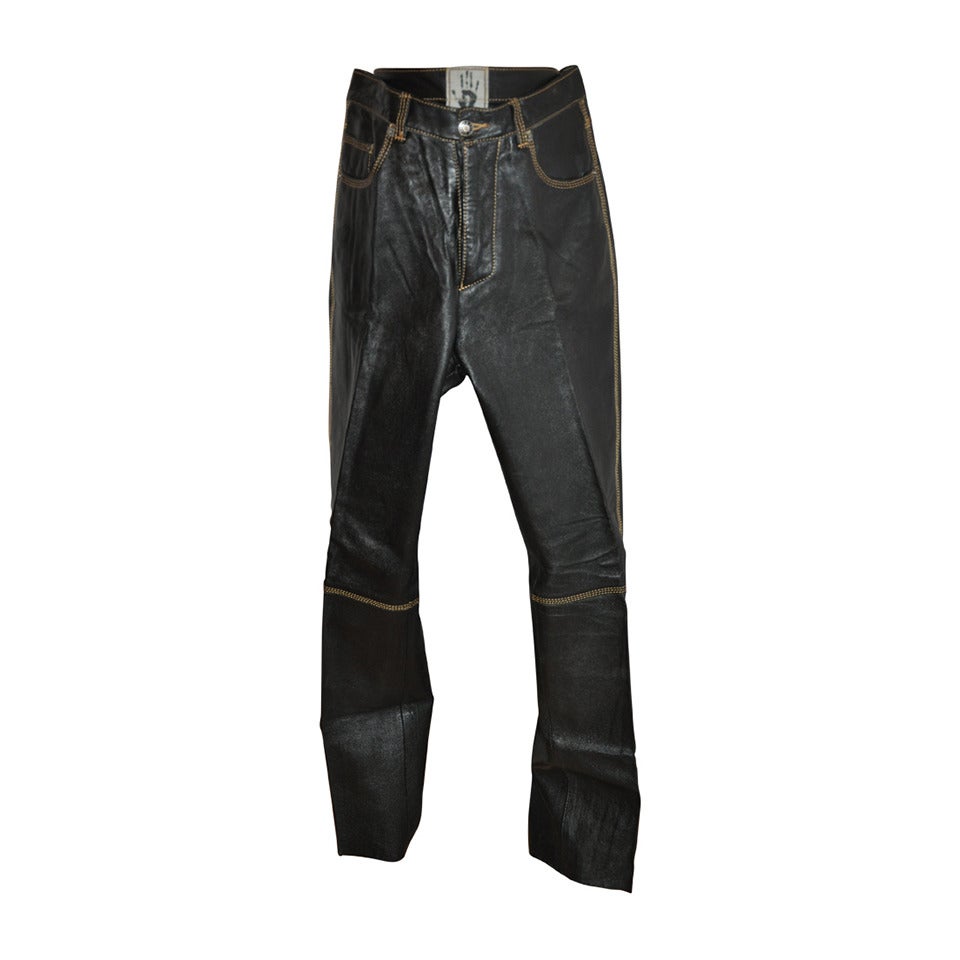 Jean Paul Gaultier Men's Detailed Black Leather Five-Pocket Jeans For Sale