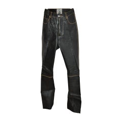 Retro Jean Paul Gaultier Men's Detailed Black Leather Five-Pocket Jeans