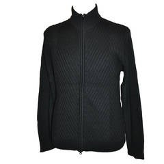 Retro Donna Karan Men's Black Wool Ribbed Double-Zippered Front Sweater