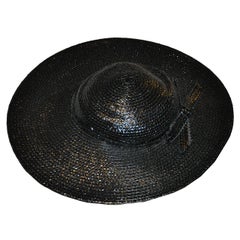 Adolfo Wide Brim Polished Black Straw with "Bow" Hat