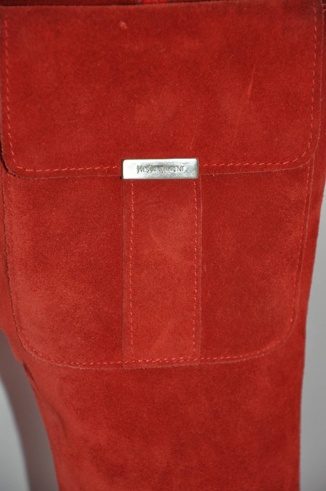 Yves Saint Laurent Bold Red Suede with Side Pocket High Boots In Excellent Condition In New York, NY