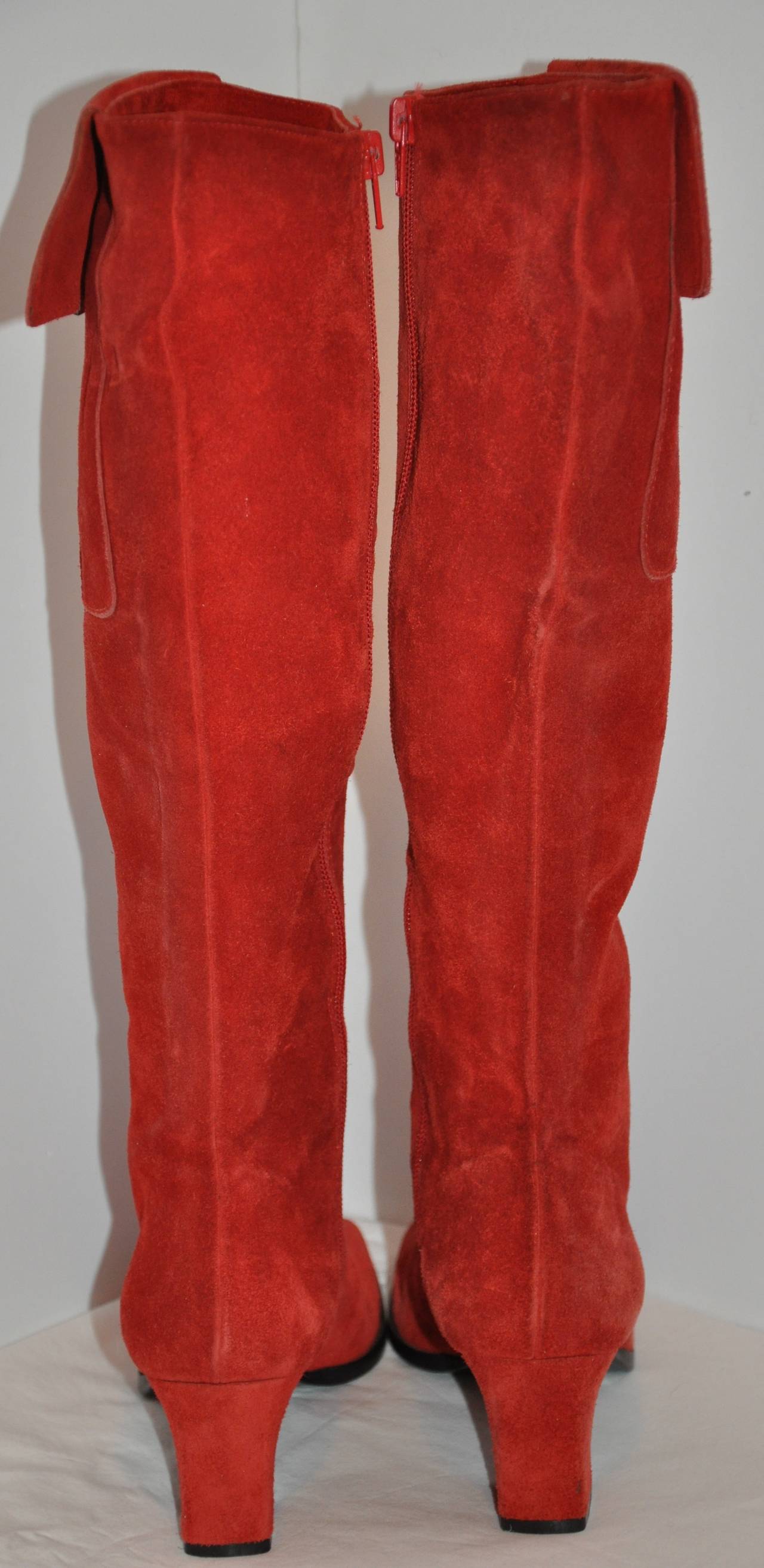 Women's Yves Saint Laurent Bold Red Suede with Side Pocket High Boots