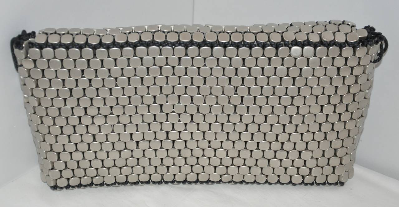 Giorgio Armani Steel Gray Woven with Black Cord Clutch/ Handbag In Excellent Condition In New York, NY