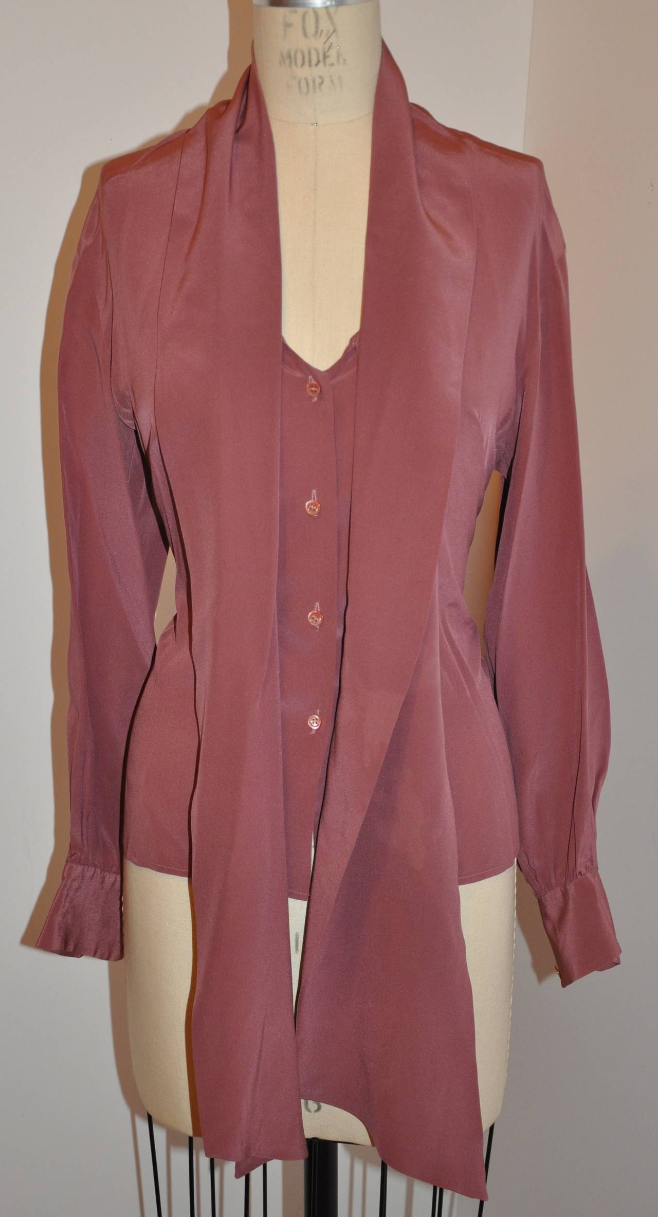 Yves Saint Laurent Rive Gauche Deep Mauve with Tie Crepe de Chine Blouse In Excellent Condition For Sale In New York, NY