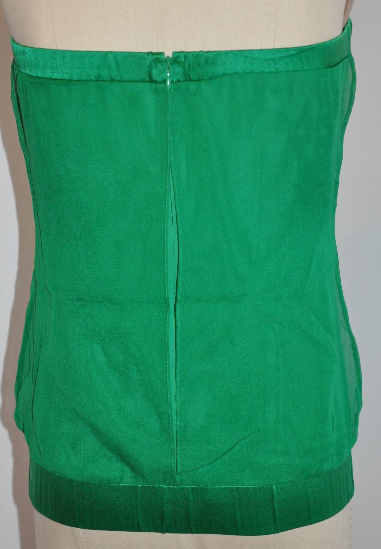 Eva Fortune emerald green strapless top is wonderfully combined with silk crepe de chine with silk chiffon. The strapless top has a center back zipper which measures 12