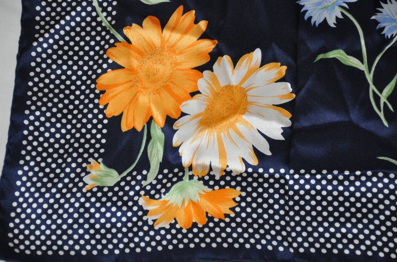 Black Bold Navy Multi-Color Floral Silk Crepe de Chine Scarf For Sale