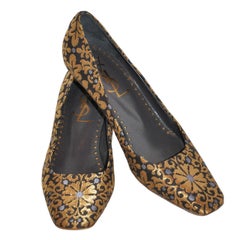 Yves Saint Laurent Woven Gold Lame Floral Kitty Heel Pumps