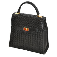 Used Saks Fifth Avenue Black Lambskin Woven Leather Handbag