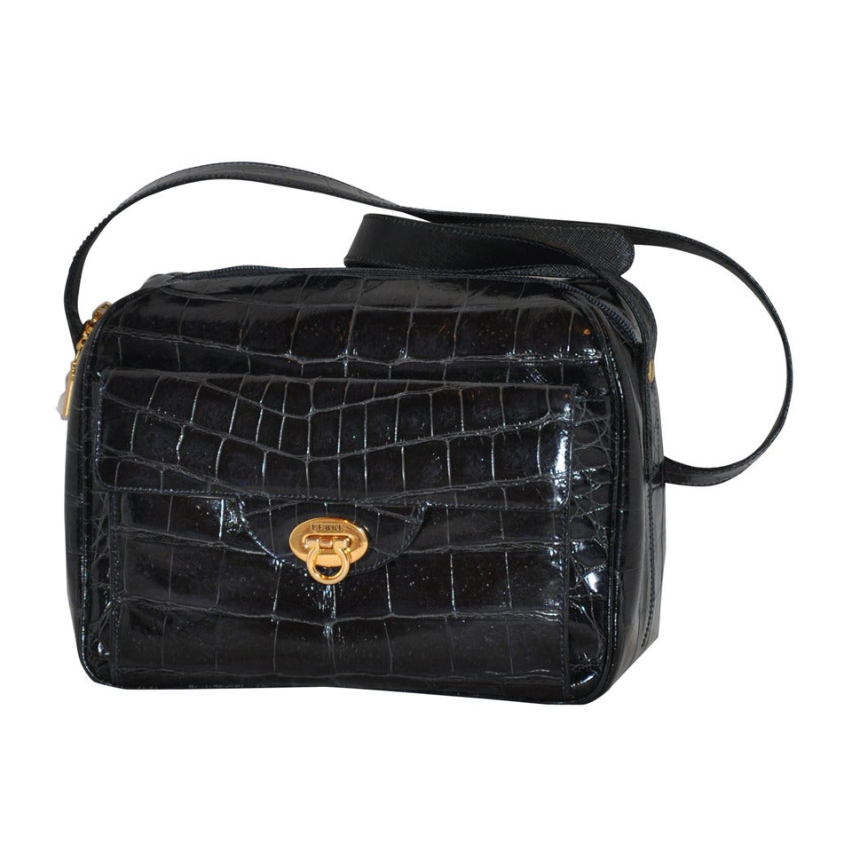 Gianfranco Ferre Black Croc-Embossed Calfskin Zippered Shoulder Bag