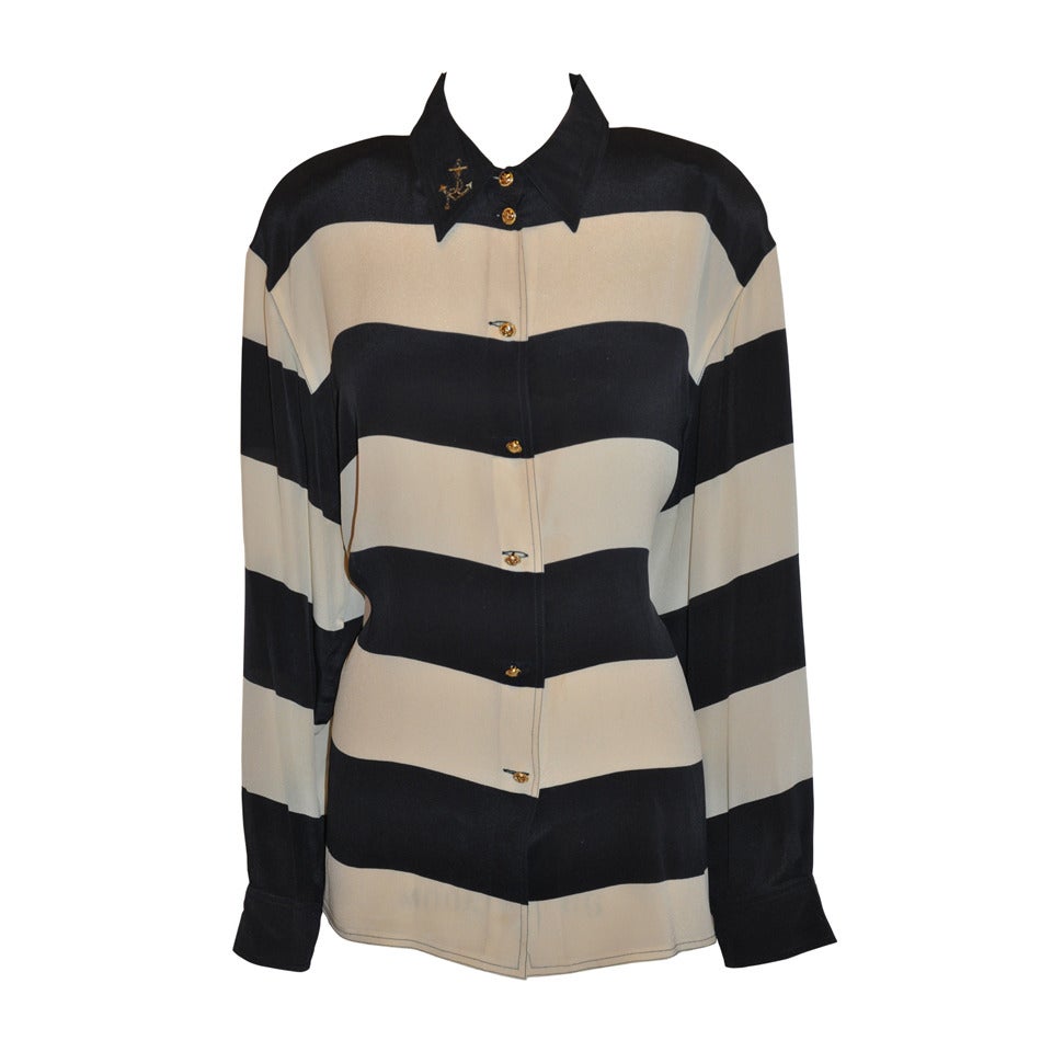 Dino Valiano Navy & Cream with Gold Lame Accent Stripe Silk Blouse For Sale