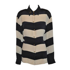 Dino Valiano Navy & Cream with Gold Lame Accent Stripe Silk Blouse