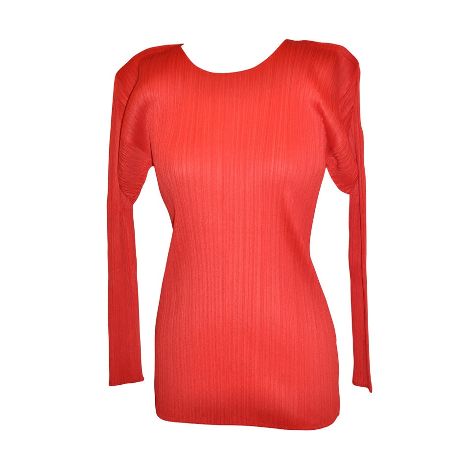 Issey Miyake Bold Red Signature Pleated Crew-Neck Top For Sale