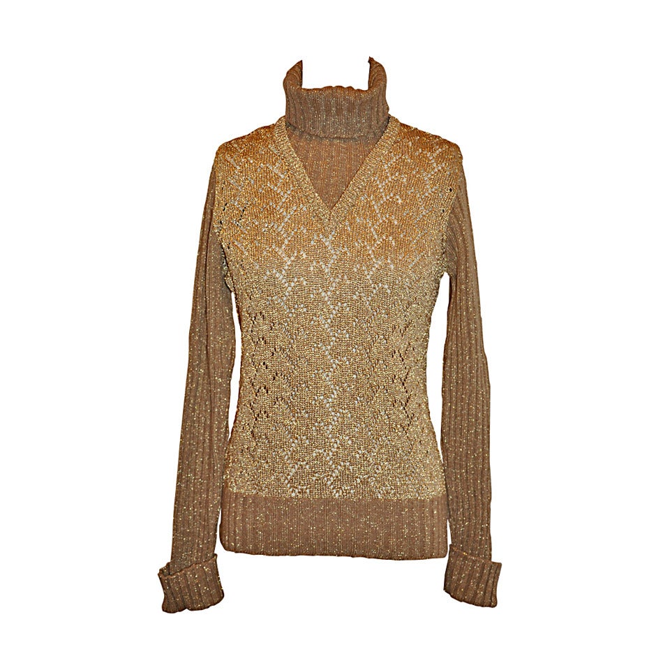Moschino 'Couture' Tan Merino Wool /Metallic Gold Lame Woven Pullover For Sale