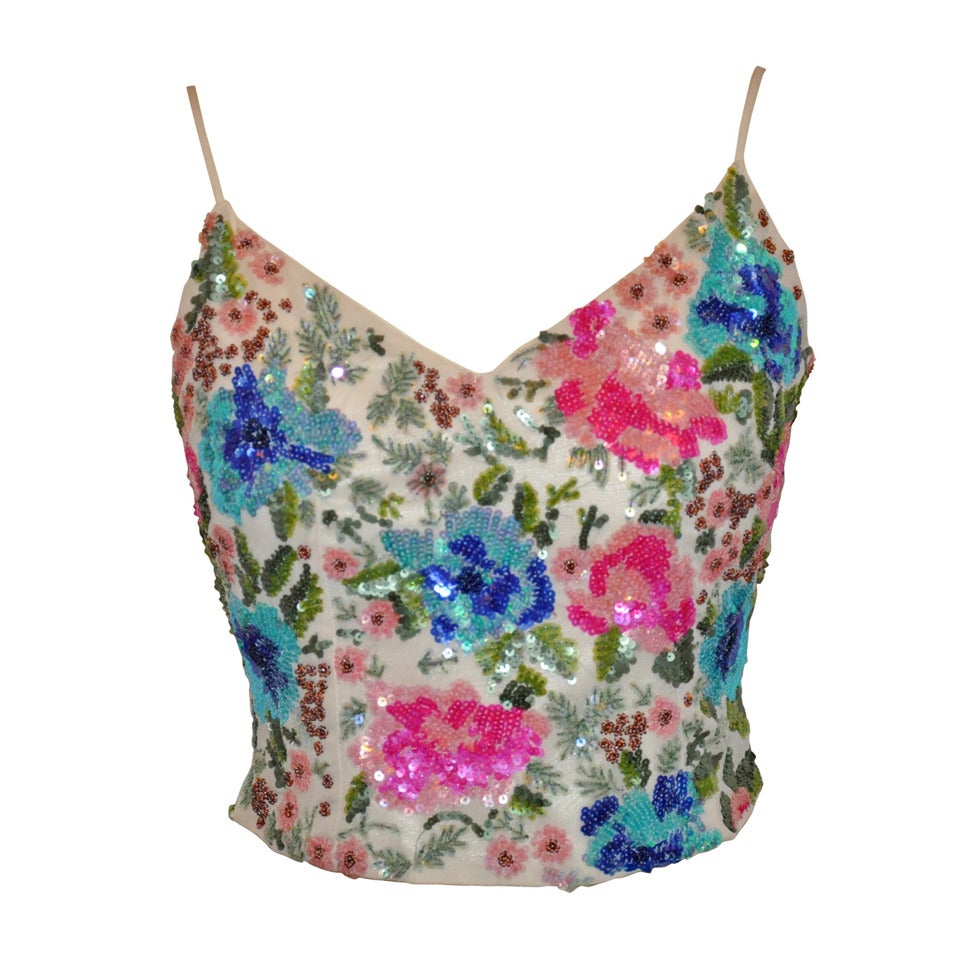 Shanghai Tang Multicolored Multi-Sequin & Beaded Floral Evening Top