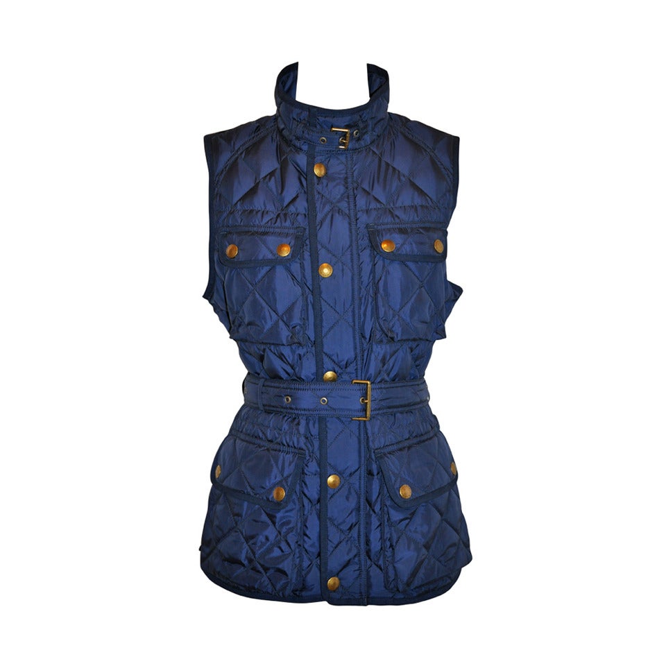 Ralph Lauren Navy Quilted Down Vest with Optional Belt For Sale
