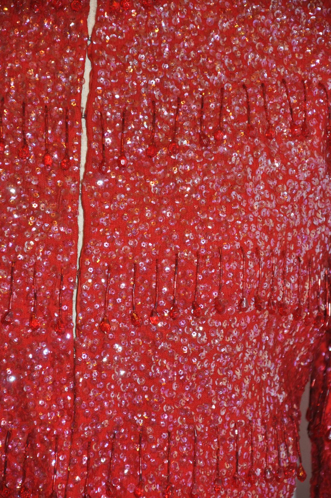 Women's Ruby-Red Angora with Micro-Sequins and Seed Beading Cardigan