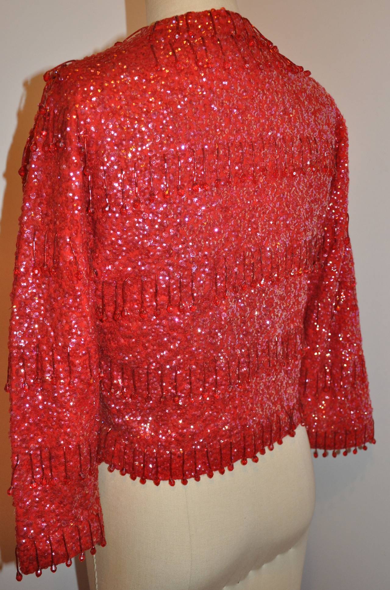 Ruby-Red Angora with Micro-Sequins and Seed Beading Cardigan In Good Condition In New York, NY