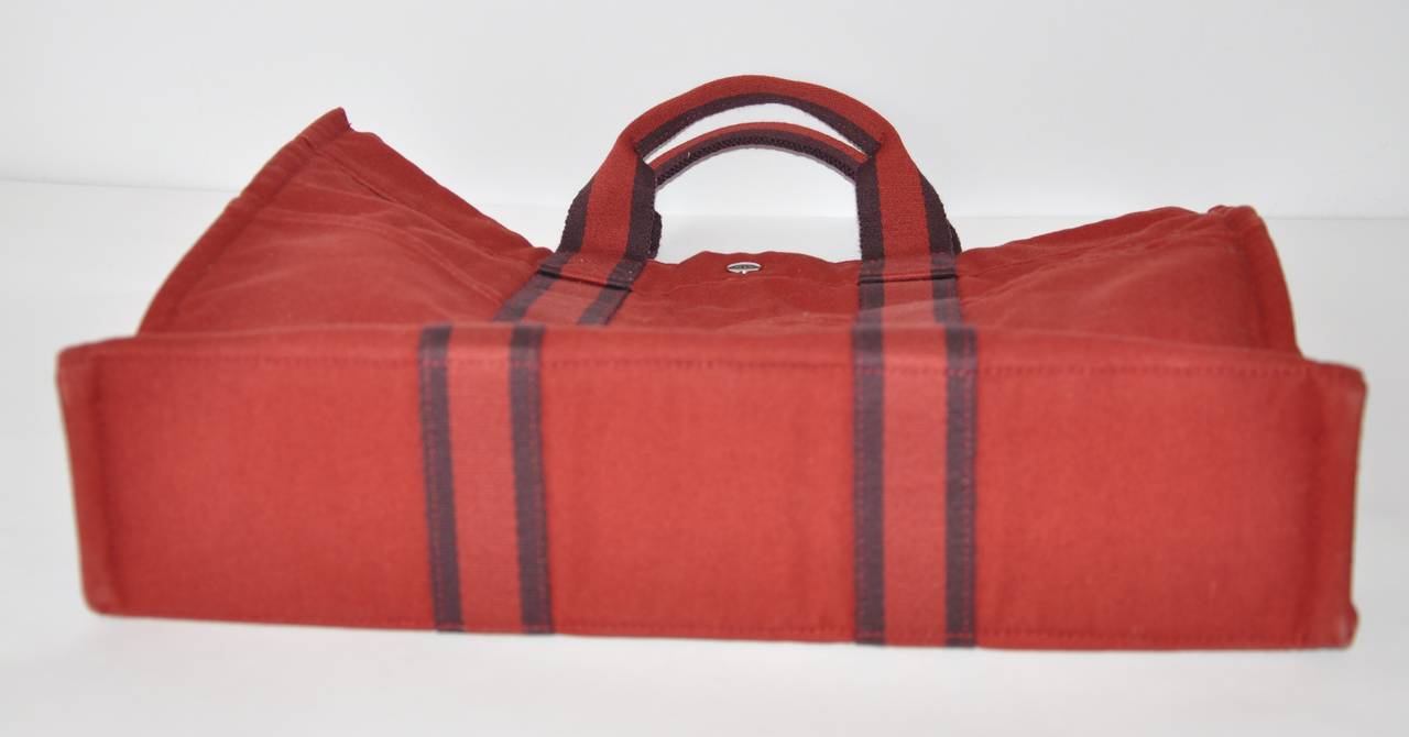 Hermes Burgundy Cotton Canvas Striped Tote For Sale at 1stDibs | hermes ...