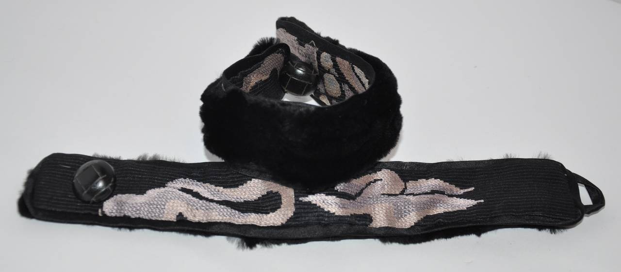 Black Yves Saint Laurent Sheared Beaver & Silk Embroidery Button Cuffs For Sale