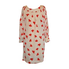 Cream and Red "Polka Dot & Leafs" Detailed Top-Stitched Silk Dress