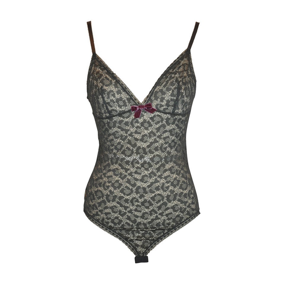 ERES Charcoal Floral Lace BodySuit with Burgundy Bow Accent For Sale