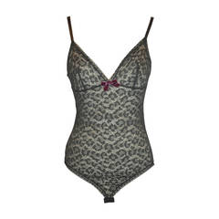 ERES Charcoal Floral Lace BodySuit with Burgundy Bow Accent