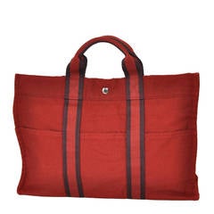 Hermes Burgundy Cotton Canvas Striped Tote